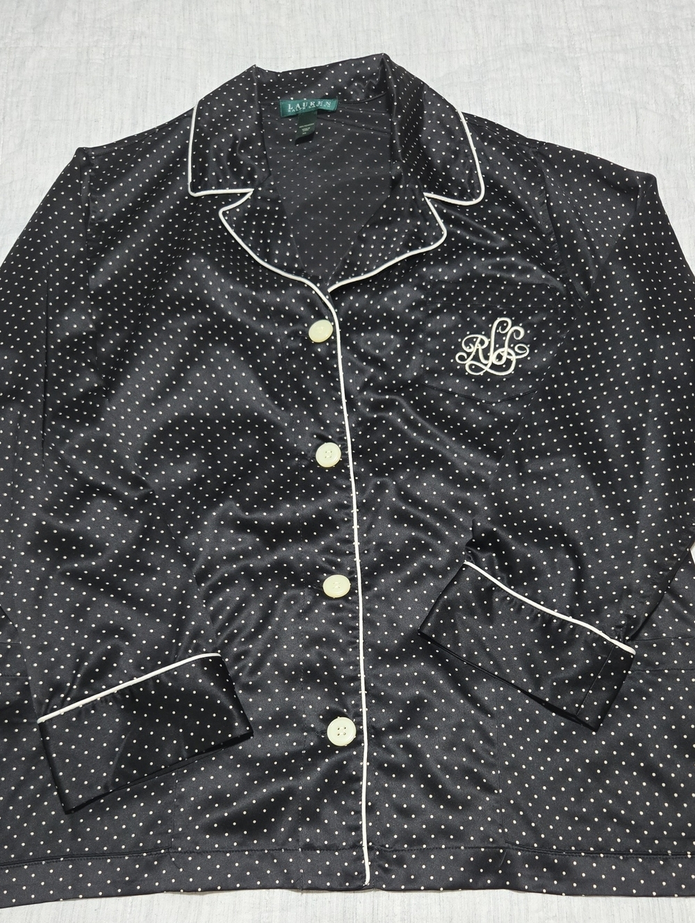 Ralph Lauren Black Polka Dot Satin Pajama Shirt with White Piping